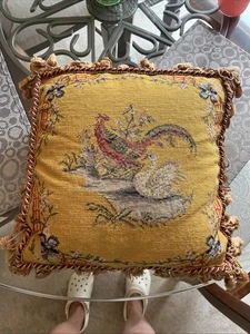 14" Pheasant & Swan Handmade Decorative Needlepoint Pillow & Cover EUC - Picture 1 of 9