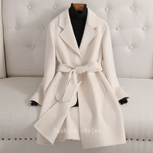 Womens Double-sided Wool Cashmere Lapel Collar Mid Long Coats Overcoat With Belt - Picture 1 of 27