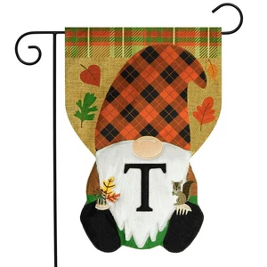 Briarwood Lane Fall Gnome Burlap Monogram Letter T Garden Flag - Picture 1 of 4