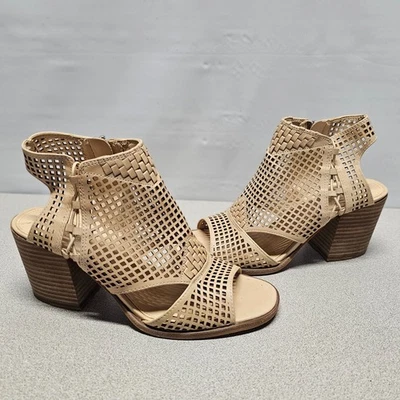 Vince Camuto Perforated Leather VC Kampbell Peep-Toe Taupe Heels Size 8 Sandals - Image 1 of 4