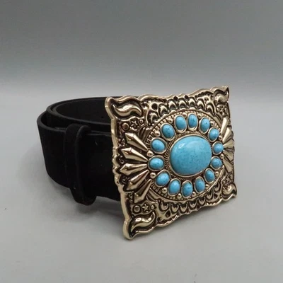 Western Blue Tortoise Buckle on Black Velvet Belt Womens Medium / Large Waist - Image 1 of 4