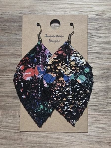 Handmade GENUINE Leather Feather Earrings Black Suede w/ Abstract Print 2" - Picture 1 of 1