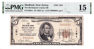 $5 1929 T1 National MEDFORD New Jersey NJ 🇺🇸 PMG 15 Choice Fine 🇺🇸 - Picture 1 of 2