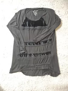 by Chicos Sz 0 Solid Black Stretch Top 3/4 Sleeve Velvet Panels Wimsy Goth - Picture 1 of 13