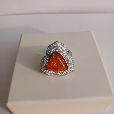 Simulated Orange Amber, Austrian Crystal Leaf Shape Cocktail Ring Size 7 - Image 1 of 4