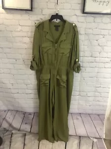Ashley Stewart Olive Green Utility Jumpsuit Satin Pockets SZ 20 - Picture 1 of 11