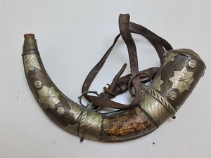 Antique Vintage Big Ottoman Horn Gun Powder Engraved Brass Copper حافظة عثمانية - Picture 1 of 21