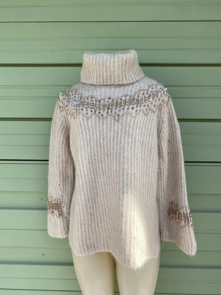 Zara Beige Mohair Wool Sweater Beads High Neck Long Sleeve B799 Small