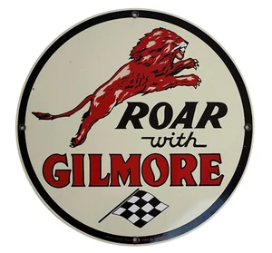 VTG ROAR WITH GILMORE THE RED LION PORCELAIN ENAMEL GASOLINE PUMP MOBIL OIL SIGN - Picture 1 of 3