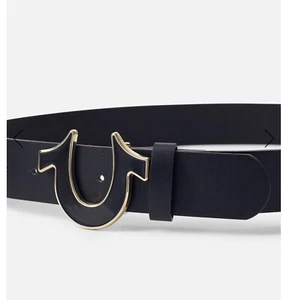 True Religion Mens Belt Size 36 Sage II Enamel Horseshoe Black/Gold buckle - Picture 1 of 7
