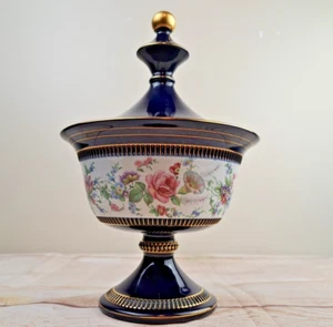 Plato pedestal cubierto con banda floral azul cobalto florentino italiano vintage Italia - Imagen 1 de 10