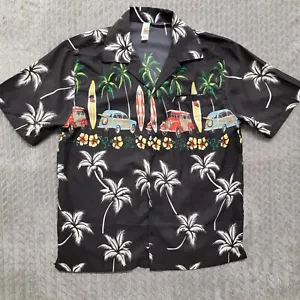 India Boutique Men’s Size Large Hawaiian Shirt Palms Woody Cars Surfboards Black - Picture 1 of 8