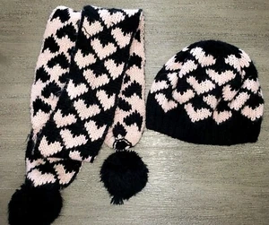 GAP KIDS girls BLACK PINK KNIT SCARF HAT size L/XL HEARTS pompoms WINTER WEAR - Picture 1 of 1