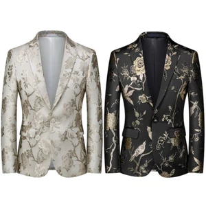 Hombres Traje de Lúrex Blazer Vestido Chaqueta Escenario Disfraz Jacquard Flor y Pájaro - Imagen 1 de 11