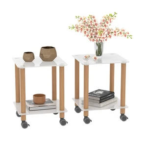 Set of 2 Tempered Glass End Side Tables 15.7" Square Corner Night Table w Wheels - Picture 1 of 11