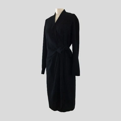 Vintage 90s Liz Claiborne Black Minimalist Chic Wrap Long Sleeve V Neck Dress 6P - Image 1 of 4