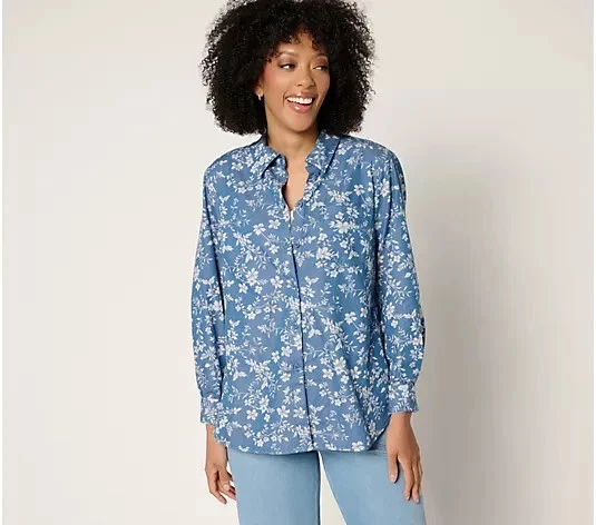 Camisa Joan Rivers Algodón Cambray Flral Clásica Botón Delantero-Med Azul-XS A688997 Foto 1 de 1