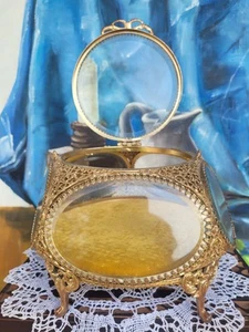 Vt Antique 5 Sided Gold Ormolu Filigree Glass Paneled Jewelry Casket Display Box - Picture 1 of 14