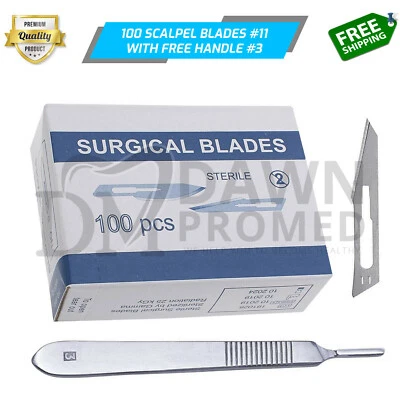 100 Sterile Surgical Blades #11 W/FREE Scalpel Handle #3 Medical ENT German Gr - Image 1 of 4