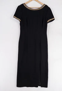 Vtg Maggy London Dress Womens Sz 12 Black Gold Trim V Back Front Slit 90s Column - Picture 1 of 6