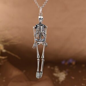 925 Sterling Silver Full Body Human Skeleton Skull Necklace Pendant Gothic Charm