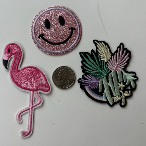 Lot of 3 New Tropical 70’s BOHO Embroidered Iron On Patches Flamingo