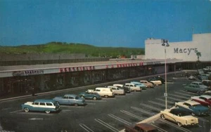 HILLSDALE SHOPPING CENTER San Mateo, CA Mall Macy's Pharmacy 1950s Cars Postcard - Picture 1 of 2