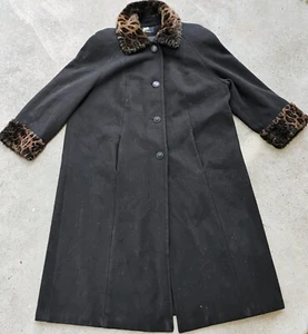 Jad Vintage Womens Long Black 100% Wool Faux Cheetah Fur Trim Button Coat Size M - Picture 1 of 8