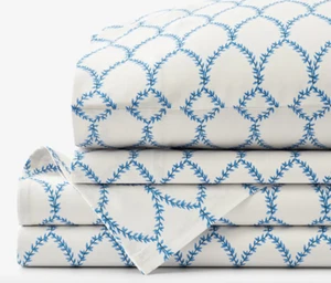 Rifle Paper Co Laurel Classic Smooth Sateen Bed Sheet Set - Blue, Queen - Picture 1 of 5