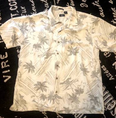 IZOD GOLF Mens XXL 2X Khaki Beige Hawaiian Palm Trees SHIRT Washable Silk Linen - Image 1 of 4