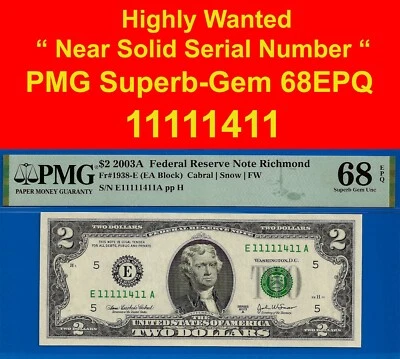 2003A $2 FRN Richmond PMG 68EPQ superb gem near solid serial number 11111411 - Image 1 of 3