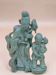 Rare Chinese Antique Turquoise Carving Of A Woman, Boy And Crane - Picture 1 of 11