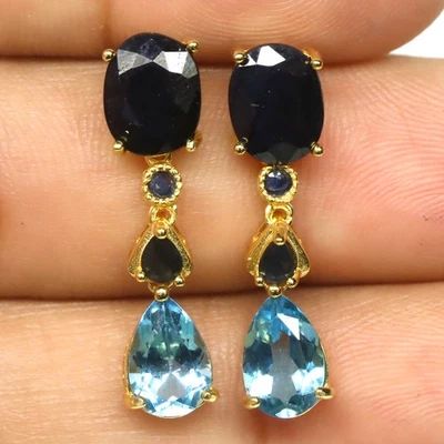 925 Sterlingsilber Blau Saphir & Himmelblau Topas Schmuck Ohrstecker - Bild 1 von 4