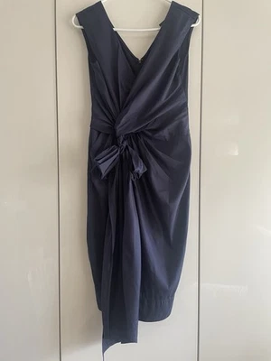 Donna Karan Navy Blue Silk Blend Gathered Bow Elegant Holiday Party Dress Size 4 - Image 1 of 4