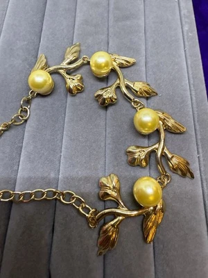 Golden Pearl 7 In. Bracelet With 2 In. Extender.4 Pearls 3mm. Each, Golden Leave - Image 1 of 4