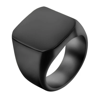 Mens Polished Biker Square Signet Ring Stainless Steel Wedding Band Size 6-15 - Image 1 of 4