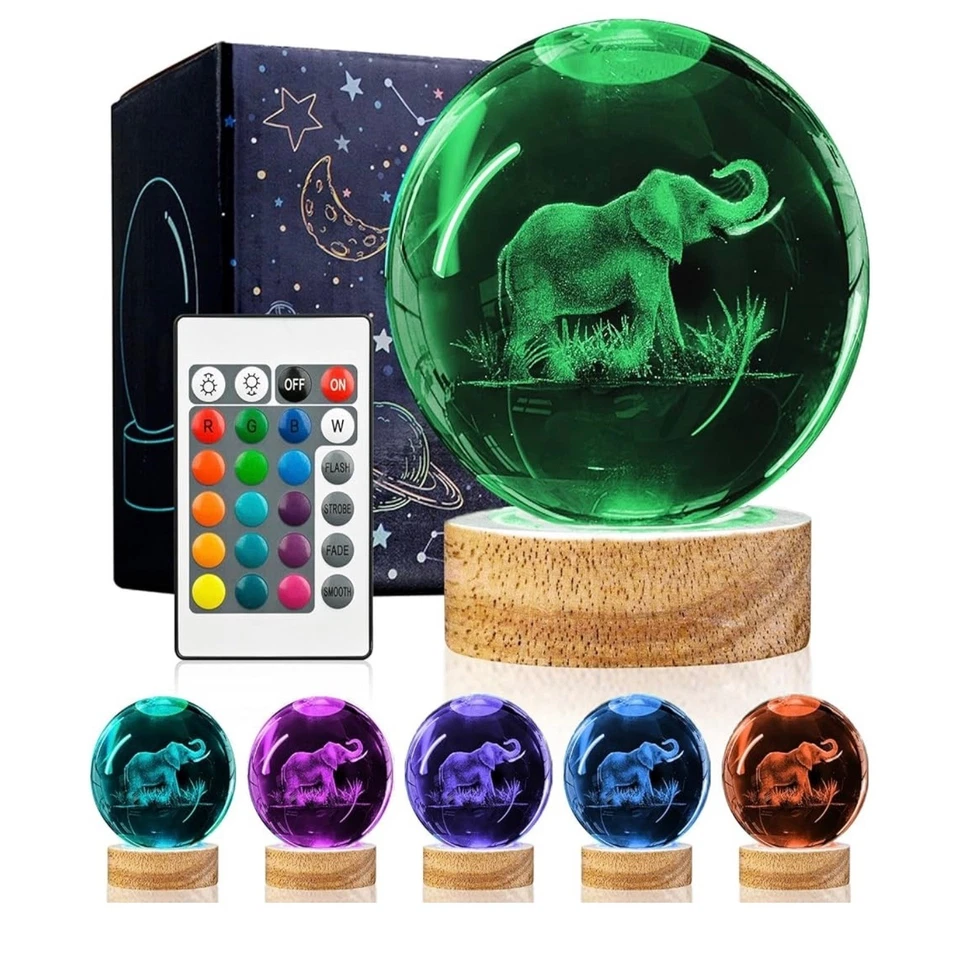 Bola de cristal elefante 3D luz nocturna con base de madera de 16 colores Foto 1 de 1