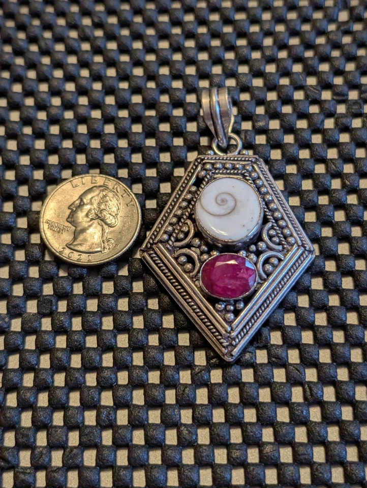 Silver Handmade Artisan Pendant with ruby and shivah shell  Sterling Silver - Image 1 of 1
