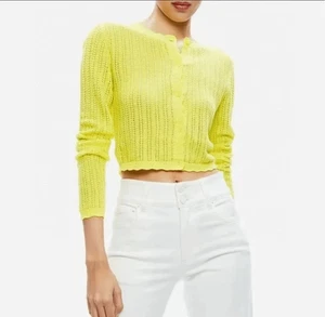 Cárdigan Suéter Alice + Olivia Brisa Ajustado Recortado Pointelle Amarillo Neón Talla S - Imagen 1 de 10