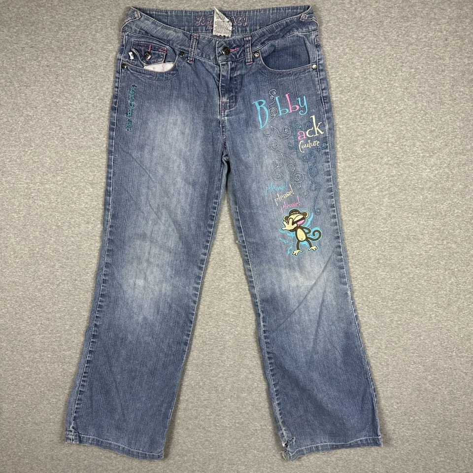 Vintage Bobby Jack Jeans Meninas 16 Y2K Grunge Skate Flare Engraçado Desenho Animado Macaco - Imagem 1 de 4