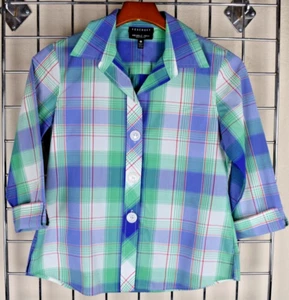 Vintage Plaid Shirt Foxcroft Size S/M 90s Purple Green Pink Big Buttons Collar - Picture 1 of 10