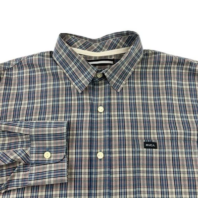 Camisa RVCA Abotonada Para Hombre Pequeña Azul Gris Cuadros Manga Larga Bolsillo Algodón Foto 1 de 4