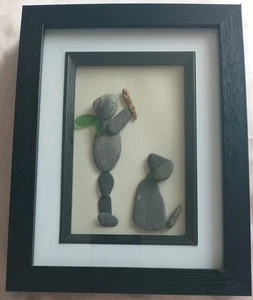 Stone Art with sea Pebble & sea glass Dog with owner picture in boxed frame - Picture 1 of 5