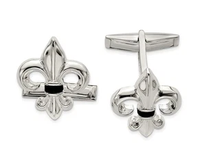 Mens Fleur De Lys Cuff Links Sterling Silver with Black Onyx - Picture 1 of 3