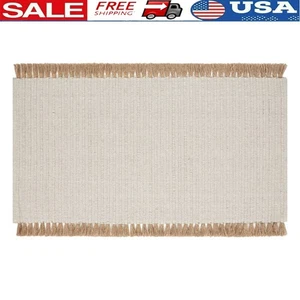 Baumwolle Jute Akzent Teppich mit Quasten Gerippt Streifen Wende Innenbereich Matte Neu - Bild 1 von 8