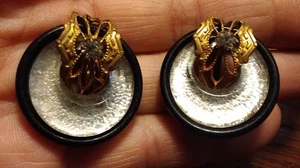 Antik? Runder Schwarz Silber STERLING Schraubverschluss Ohrring Gold Harz Strass - Bild 1 von 13