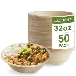 [50 Count]Sugarfiber by Harvest Pack 32oz Round Paper Bowls - Compostable Hea... - Picture 1 of 7