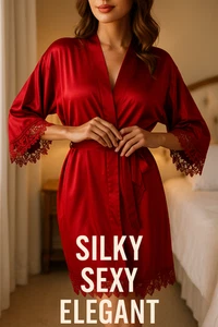 Satin Kimono Bathrobe – Short Silk Lace Robe Bridal Bridesmaid Dressing Gown - Picture 1 of 7