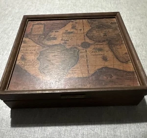 Vintage Wooden Hinged Old World Map Jewelry Box With Red Velvet Lining 8x7x2.5" - Picture 1 of 11