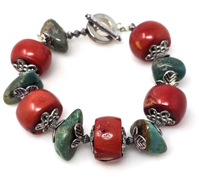 Vintage Chunky Coral Turquoise Bead Bracelet Sterling Silver 925 Toggle 7.5" - Image 1 of 4